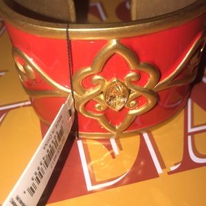 New Scarlet Red Open Cuff Bracelet Gem Center Gold Tone Scrolls By Carolee Lux